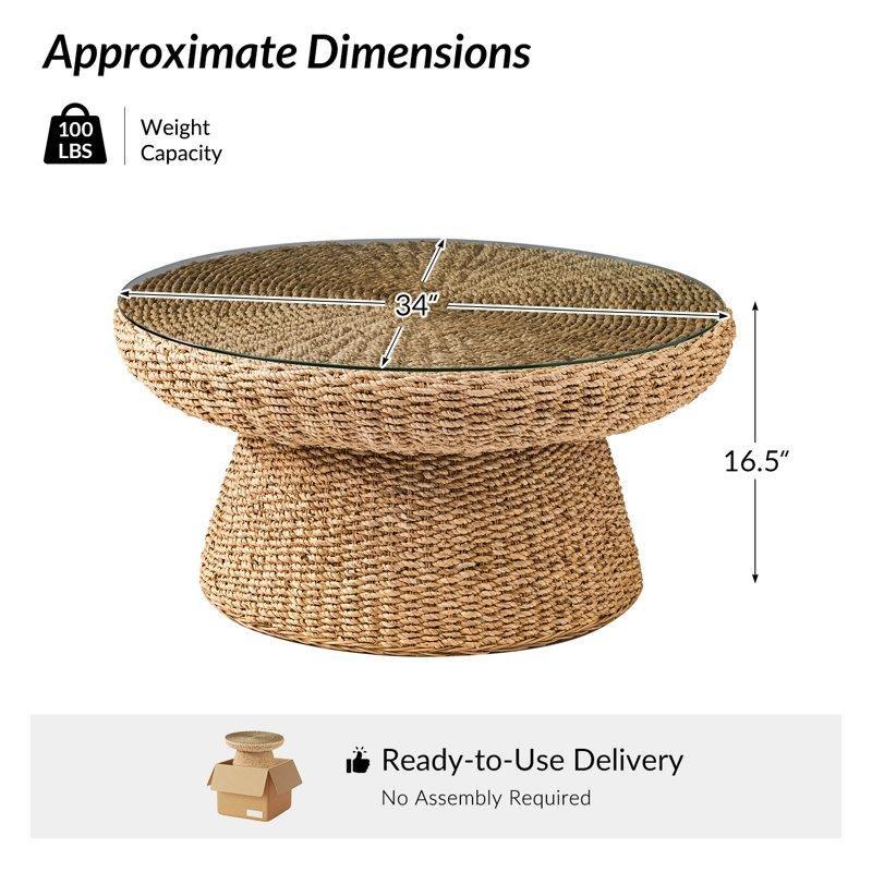 Doğal Hasır Rattan Yuvarlak Orta Sehpa Cam Tablalı 86 cm - 105412