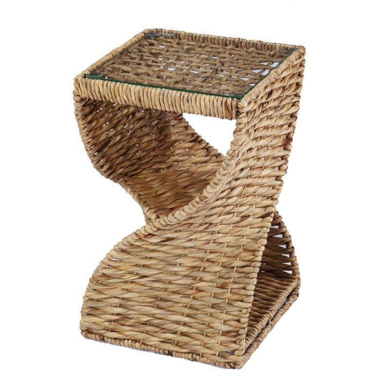 Doğal Hasır Temperli Cam Üst Tablası Raflı Gazetelik Yan Sehpa-58x37x37 cm - 112896