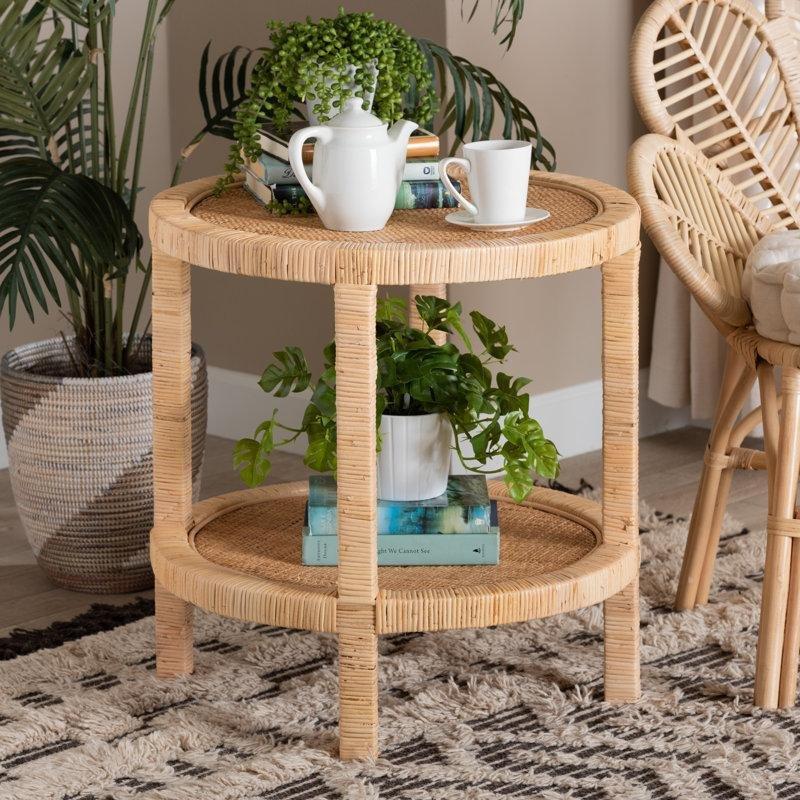 Doğal Kahverengi Maun Masif Ahşap Raflı Hasır Yan Sehpa-59x59x61 cm - 113049