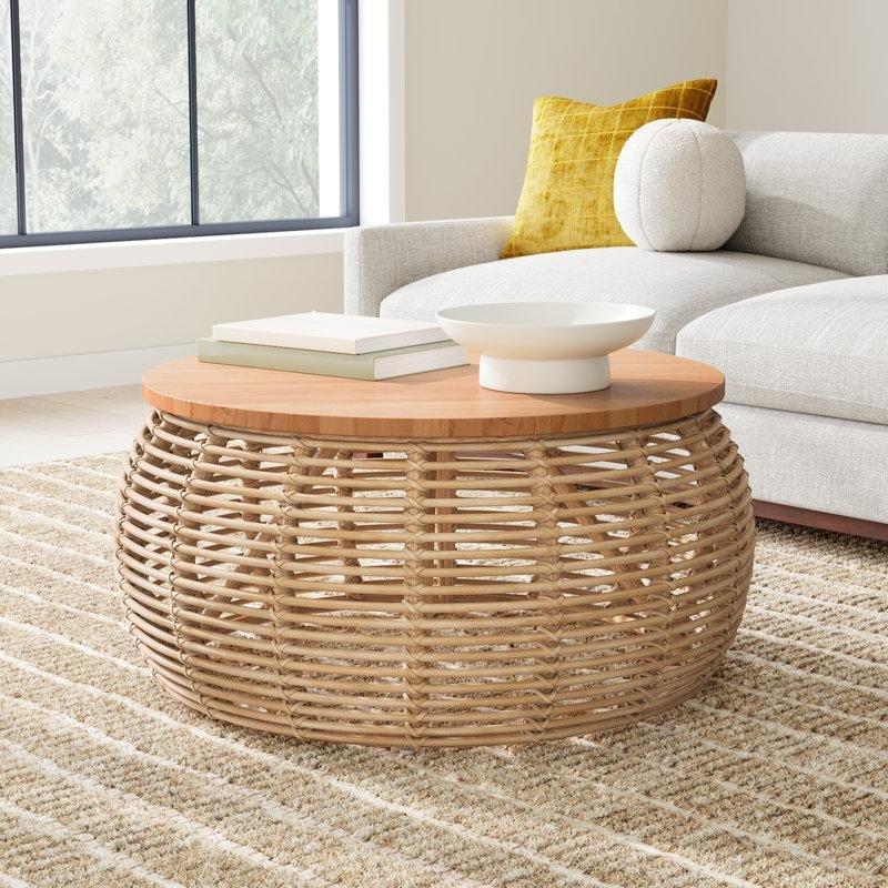 Doğal Kahverengi Rattan Bohem Orta Sehpa 100x100 cm Masif Ahşap - 105277