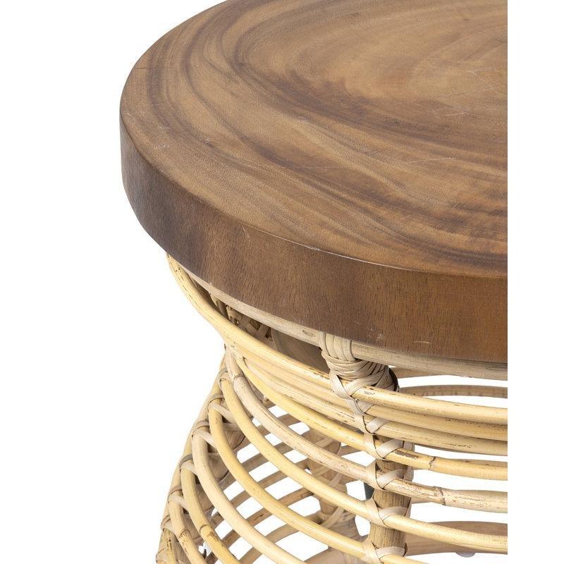 Doğal Masif Ahşap Üst Tablalı Lale Formlu Hasır Yan Sehpa-50x50x50 cm - 113091