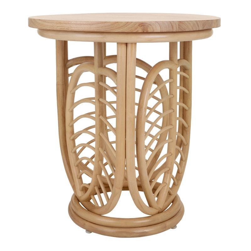 Doğal Masif Mindi Ahşap Üst Tablalı Yuvarlak Hasır Yan Sehpa-56x56x61 cm - 113061