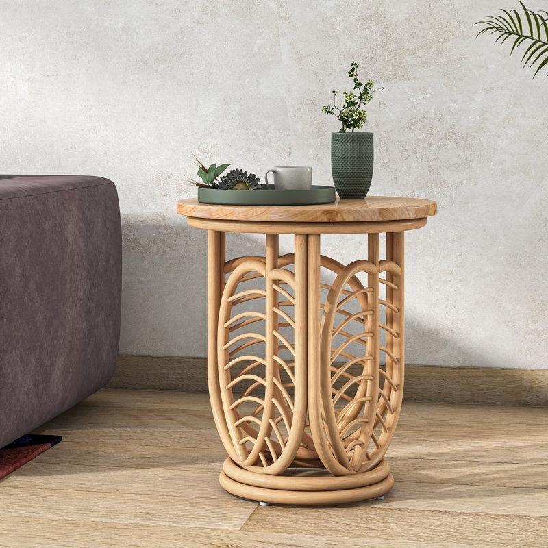 Doğal Masif Mindi Ahşap Üst Tablalı Yuvarlak Hasır Yan Sehpa-56x56x61 cm - 113061