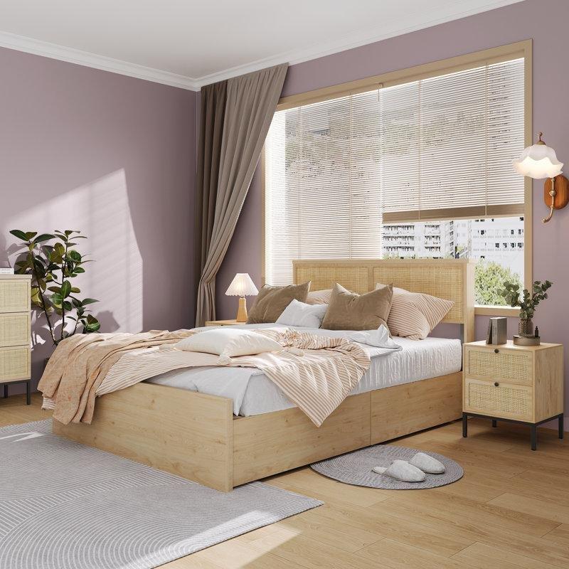 Doğal MDF Hasır 2 Çekmeceli Hasır Yan Sehpa-56x40x35 cm - 113031