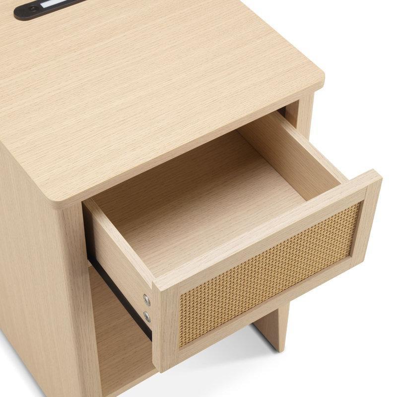 Doğal MDF Hasır Çekmeceli Raflı LED Işıklı Şarj Üniteli Hasır Yan Sehpa-60x40x38 cm - 113103
