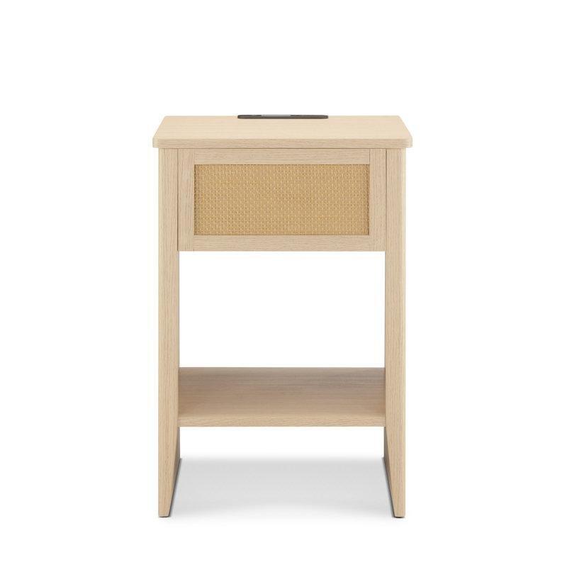 Doğal MDF Hasır Çekmeceli Raflı LED Işıklı Şarj Üniteli Hasır Yan Sehpa-60x40x38 cm - 113103