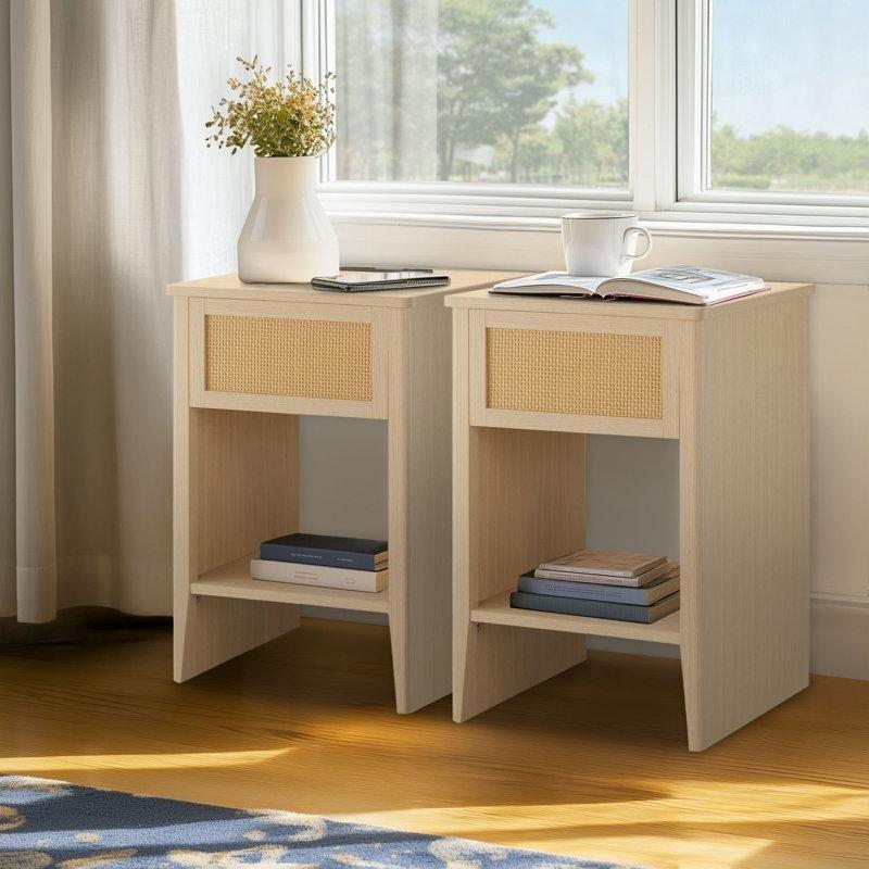 Doğal MDF Hasır Çekmeceli Raflı LED Işıklı Şarj Üniteli Hasır Yan Sehpa-60x40x38 cm - 113103