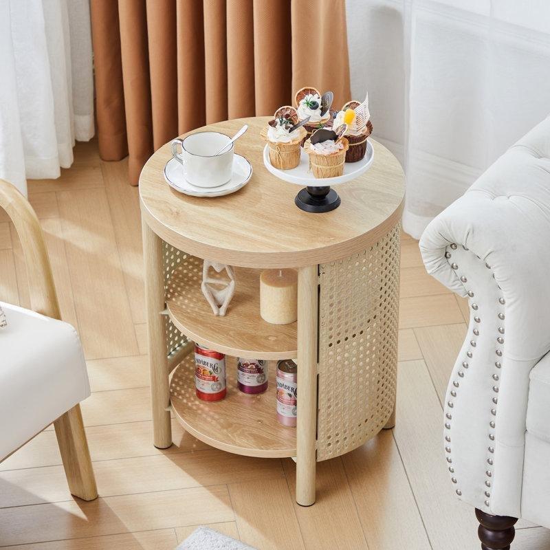 Doğal MDF Raflı Hasır Yan Sehpa-50x43x43 cm - 113070