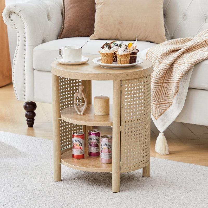 Doğal MDF Raflı Hasır Yan Sehpa-50x43x43 cm - 113070