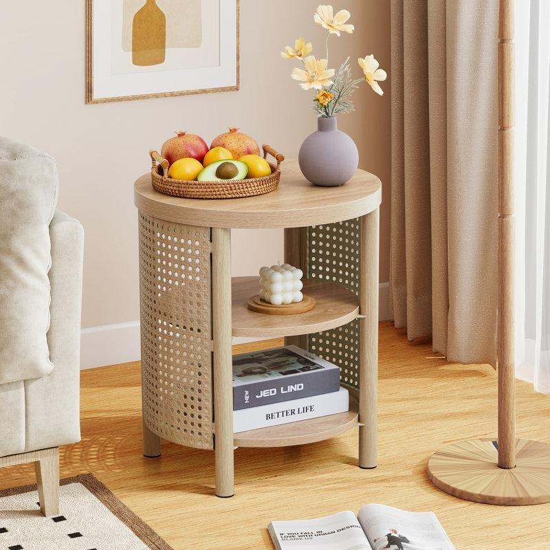 Doğal MDF Raflı Hasır Yan Sehpa-50x43x43 cm - 113070