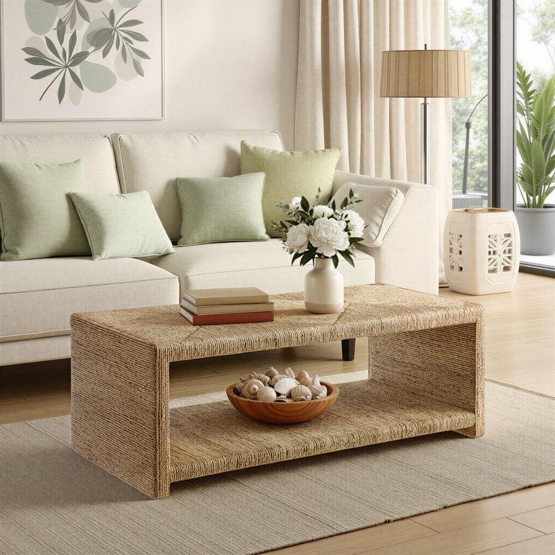 Doğal Rattan Dikdörtgen Orta Sehpa Raflı 127x61x46 cm - 105424