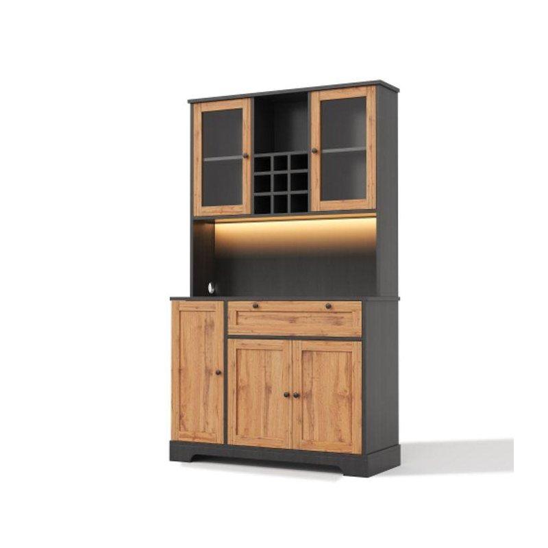 Doğal Renk Endüstriyel Ahşap Kahve Köşesi 180x105x40 cm, LED Aydınlatmalı ve Camlı Kapılar - 100172