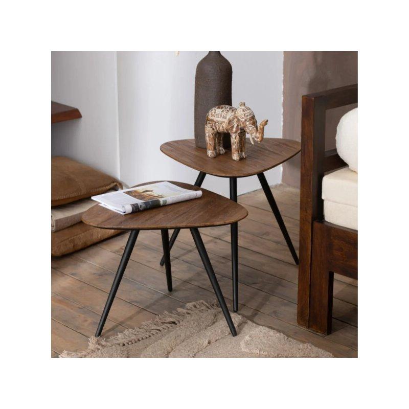 Doğal Renk Üçgen Zigon Sehpa Takımı 50x50 cm Metal Ayaklı 2'li Set - 106261