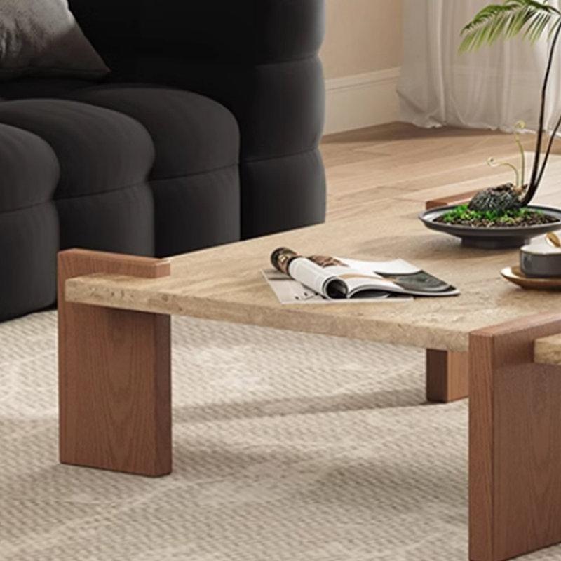 Doğal Traverten Üstlü Granit Orta Sehpa 90x90 cm Beyaz Çam Ayaklı - 104335