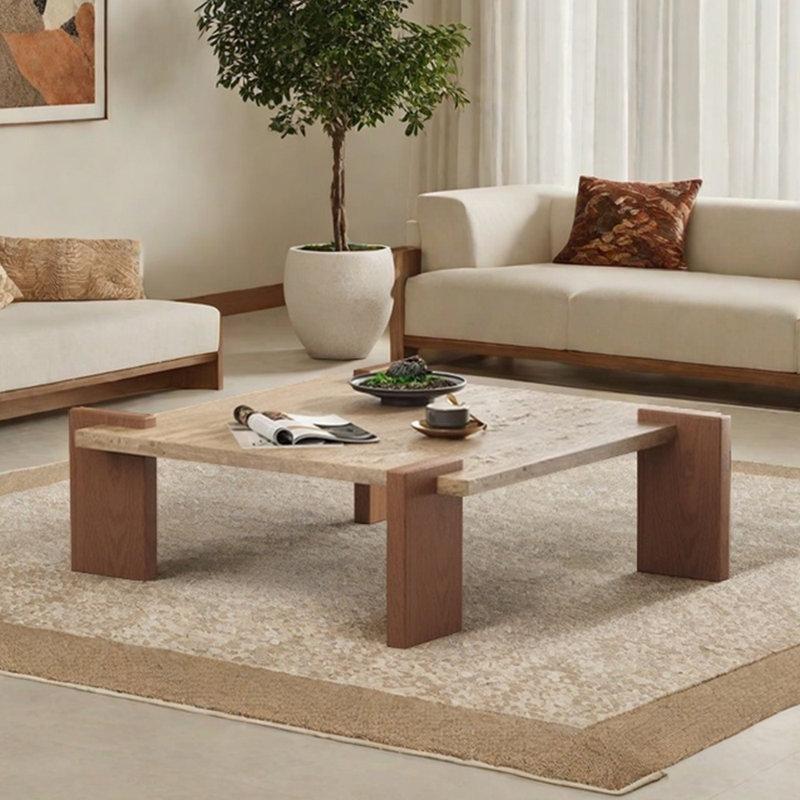 Doğal Traverten Üstlü Granit Orta Sehpa 90x90 cm Beyaz Çam Ayaklı - 104335