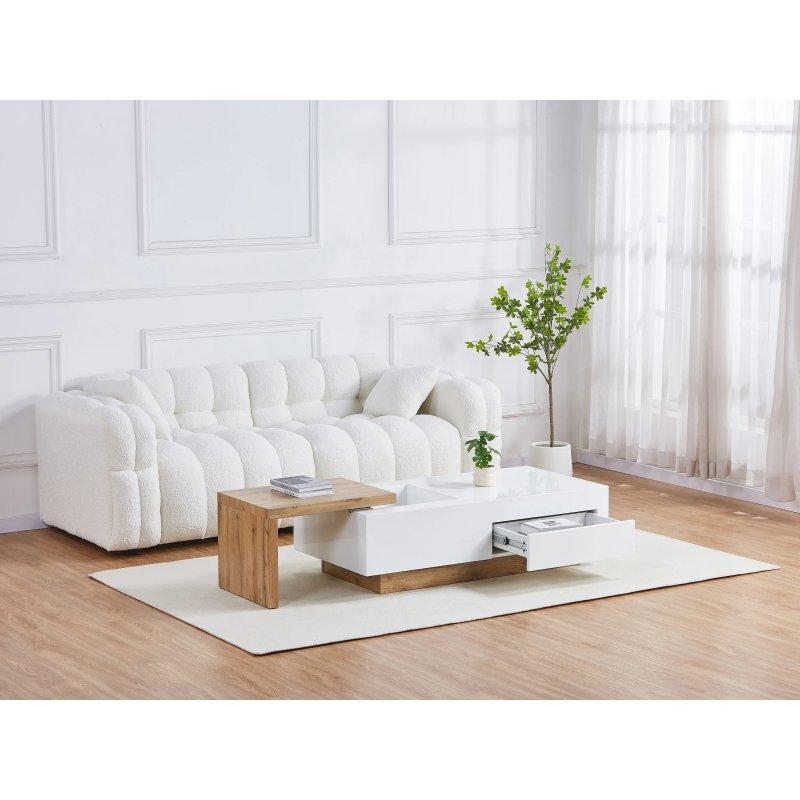 Doğal ve Beyaz Endüstriyel Ahşap Uzatılabilir Orta Sehpa 178x60 cm Çekmeceli - 102033