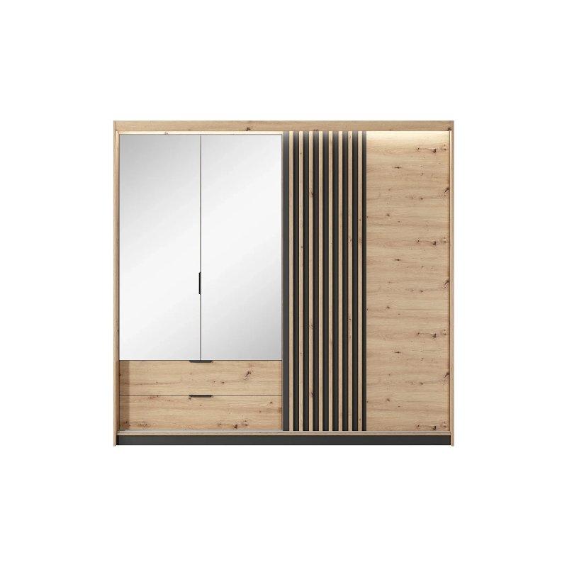Doğal ve Siyah Endüstriyel Ahşap 3 Kapılı Gardrop 220x210 cm Aynalı ve LED Işıklı - 90145
