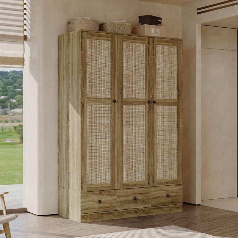 Eastford Doğal Ahşap ve Hasır Detaylı 3 Kapılı Gardrop 180 cm - 91087
