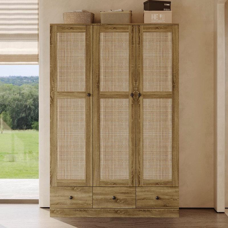 Eastford Doğal Ahşap ve Hasır Detaylı 3 Kapılı Gardrop 180 cm - 91087