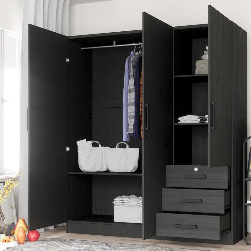 Endüstriyel Ahşap 3 Kapılı 3 Çekmeceli Gardrop 155 cm x 62 cm x 183 cm Siyah - 90988