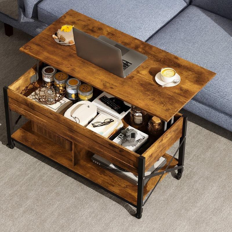 Endüstriyel Ahşap Açılır Akıllı Sehpa 105x50x61 cm Tekerlekli Gizli Saklama Alanı - 101319