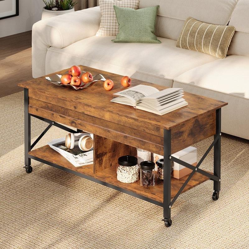 Endüstriyel Ahşap Açılır Akıllı Sehpa 105x50x61 cm Tekerlekli Gizli Saklama Alanı - 101319