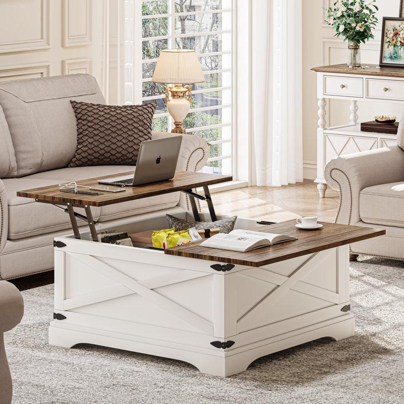 Endüstriyel Ahşap Açılır Akıllı Sehpa 80x80 cm Beyaz Tabanı Şarj Portlu - 101067