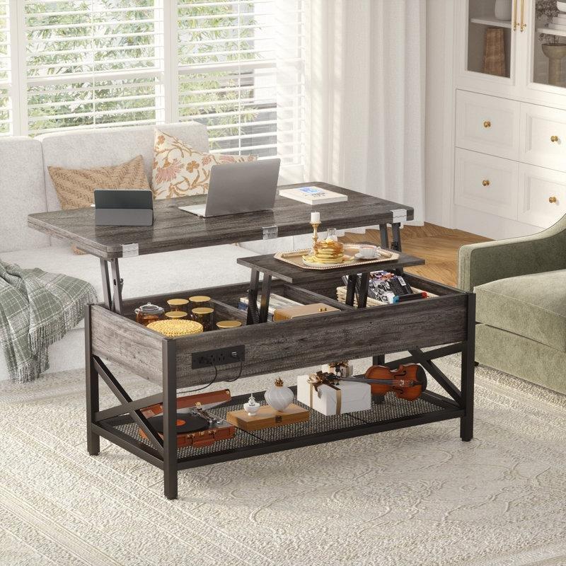 Endüstriyel ahşap açılır akıllı sehpa, RGB LED ışık sistemi ve depolama alanı ile 107x100x68 cm - 101307