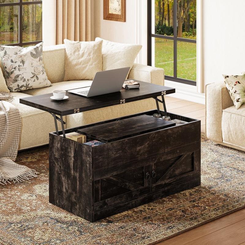 Endüstriyel Ahşap Açılır Farmhouse Akıllı Sehpa 100x85 cm Gözlemeli Saklama Alanı - 101340