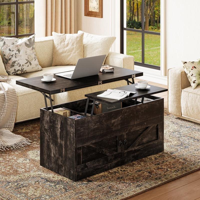 Endüstriyel Ahşap Açılır Farmhouse Akıllı Sehpa 100x85 cm Gözlemeli Saklama Alanı - 101340