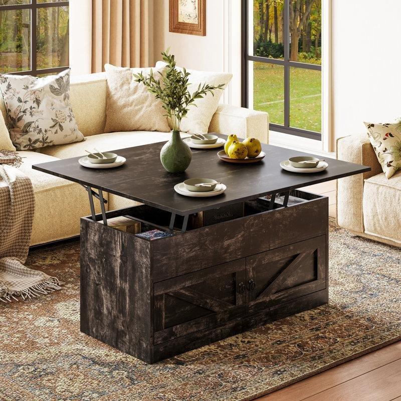 Endüstriyel Ahşap Açılır Farmhouse Akıllı Sehpa 100x85 cm Gözlemeli Saklama Alanı - 101340