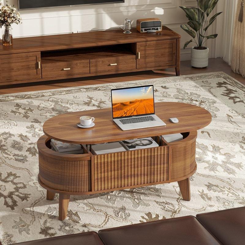 Endüstriyel Ahşap Açılır Oval Akıllı Sehpa, Ceviz Rengi 39x48x43 cm - 100995