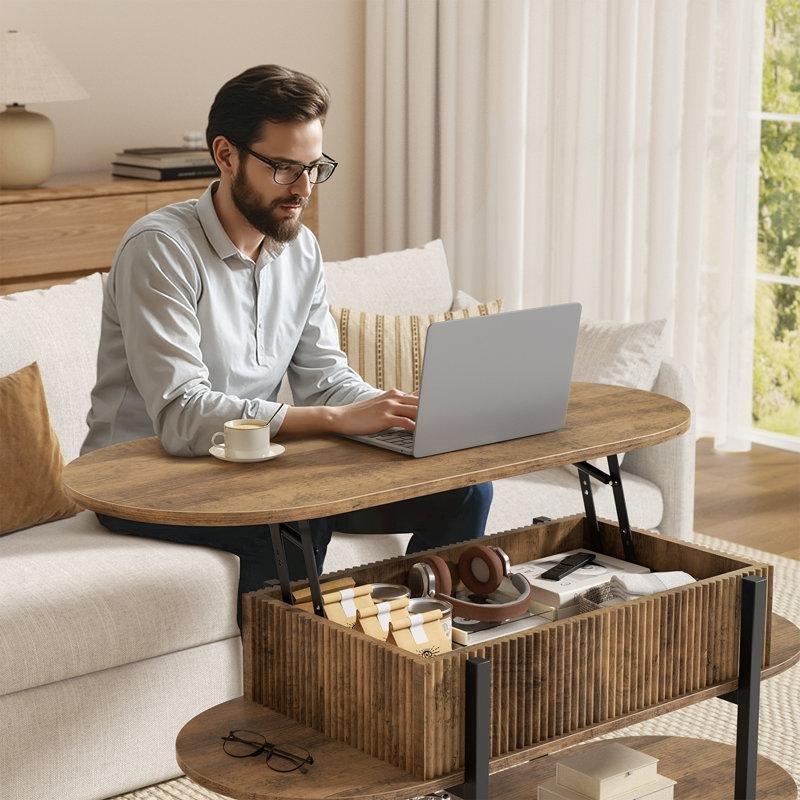 Endüstriyel Ahşap Açılır Üst Yuvarlak Akıllı Sehpa 106 cm - 101127