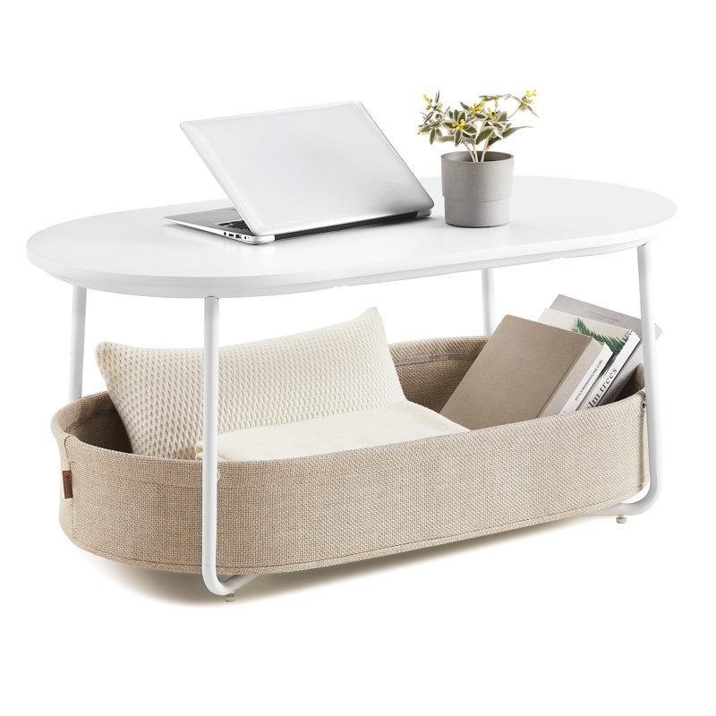 Endüstriyel Ahşap Beyaz Oval Orta Sehpa Saklama Sepeti ile 100x50x45 cm - 104620