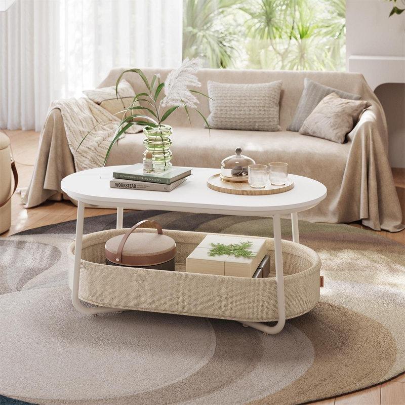 Endüstriyel Ahşap Beyaz Oval Orta Sehpa Saklama Sepeti ile 100x50x45 cm - 104620