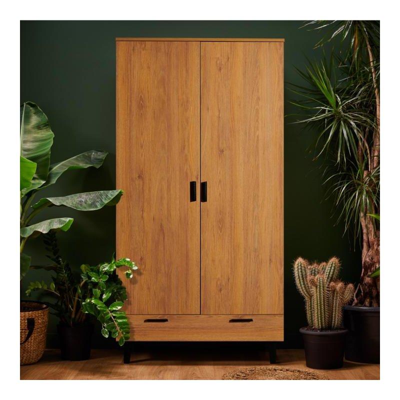 Endüstriyel Ahşap Çift Kapılı Gardrop 100x195 cm Siyah Kulplu - 90631
