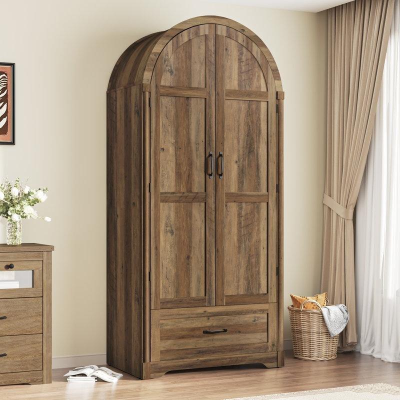 Endüstriyel Ahşap Çift Kapılı Gardrop 180 cm Aynalı ve LED Işıklı - 91012