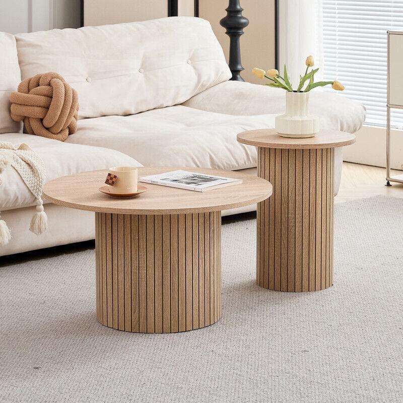 Endüstriyel Ahşap Görünümlü 2 Li Yuvarlak Orta Sehpa 50-70 cm - 103040