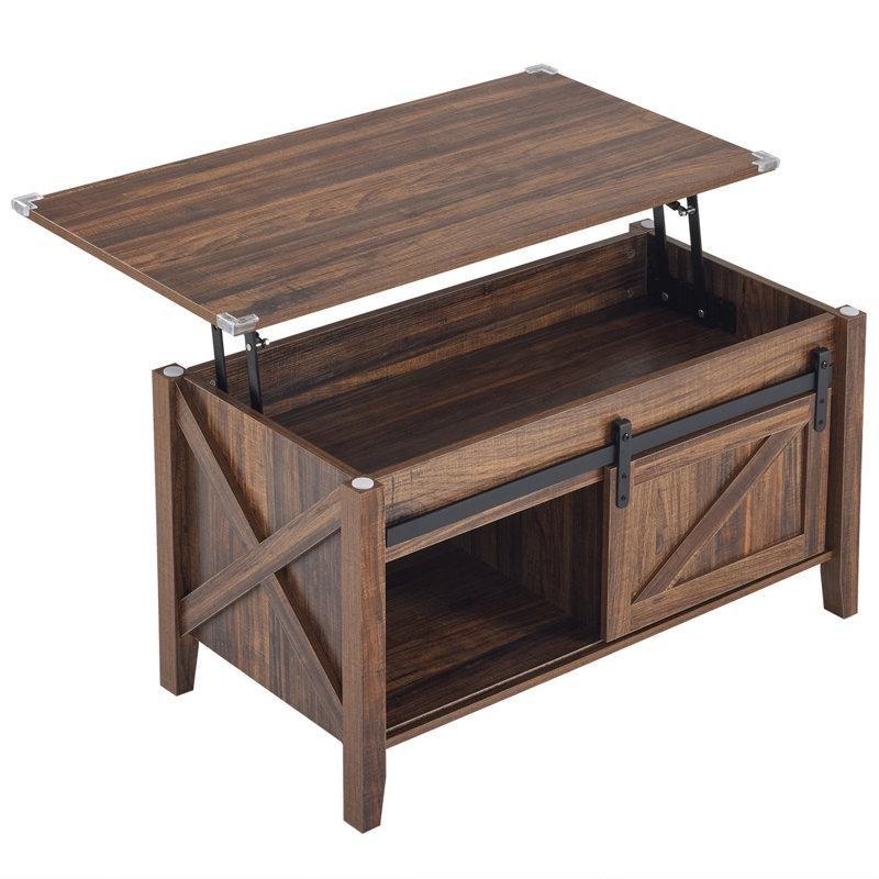 Endüstriyel Ahşap Kahve Masası, Sürgülü Kapı Depolama, 91 cm - 101244