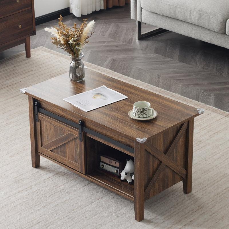 Endüstriyel Ahşap Kahve Masası, Sürgülü Kapı Depolama, 91 cm - 101244