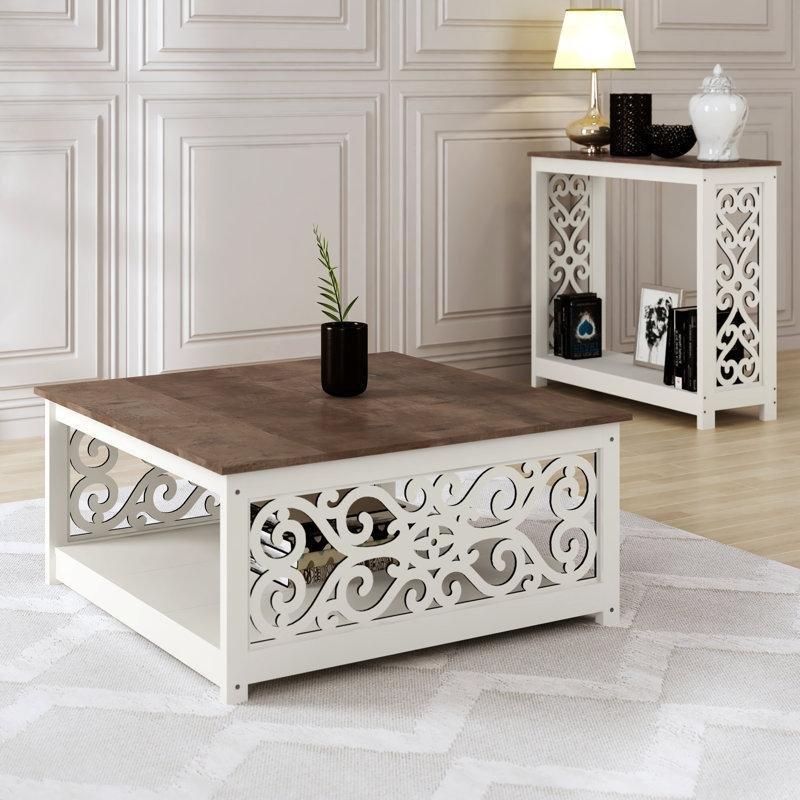 Endüstriyel Ahşap Kahverengi Orta Sehpa 89 cm Oymalı Tasarımlı Raflı - 104545