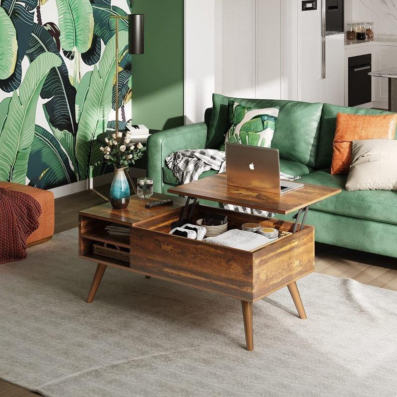 Endüstriyel Ahşap Kaldırmalı Akıllı Sehpa 100x100 cm Ayarlanabilir Raf ve Gizli Saklama Alanıyla - 101400