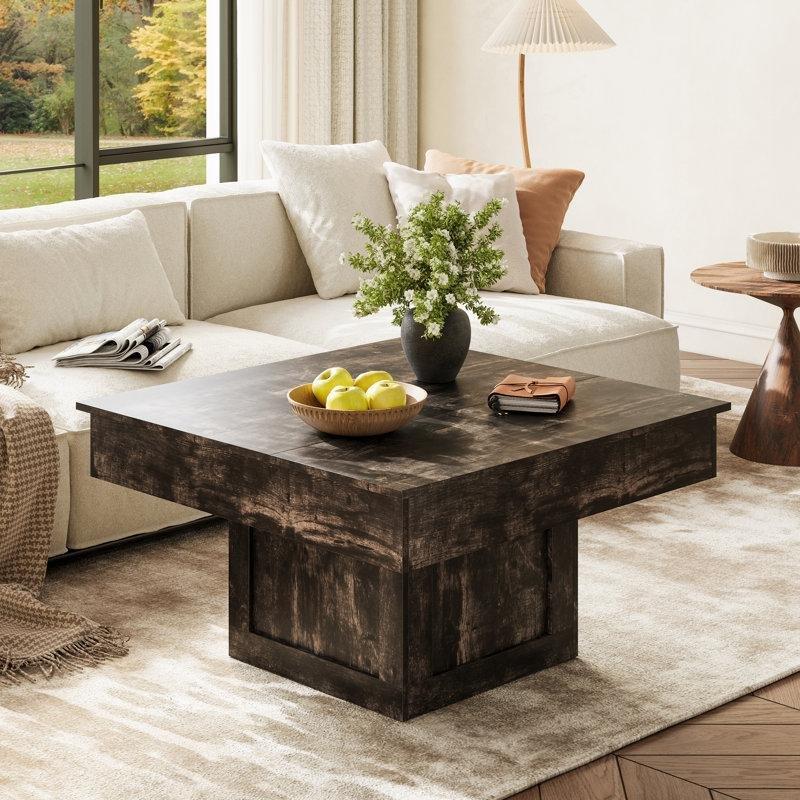 Endüstriyel Ahşap Kare Açılır Akıllı Sehpa LED Işıklı Depolama Alanı 77x77 cm - 101445