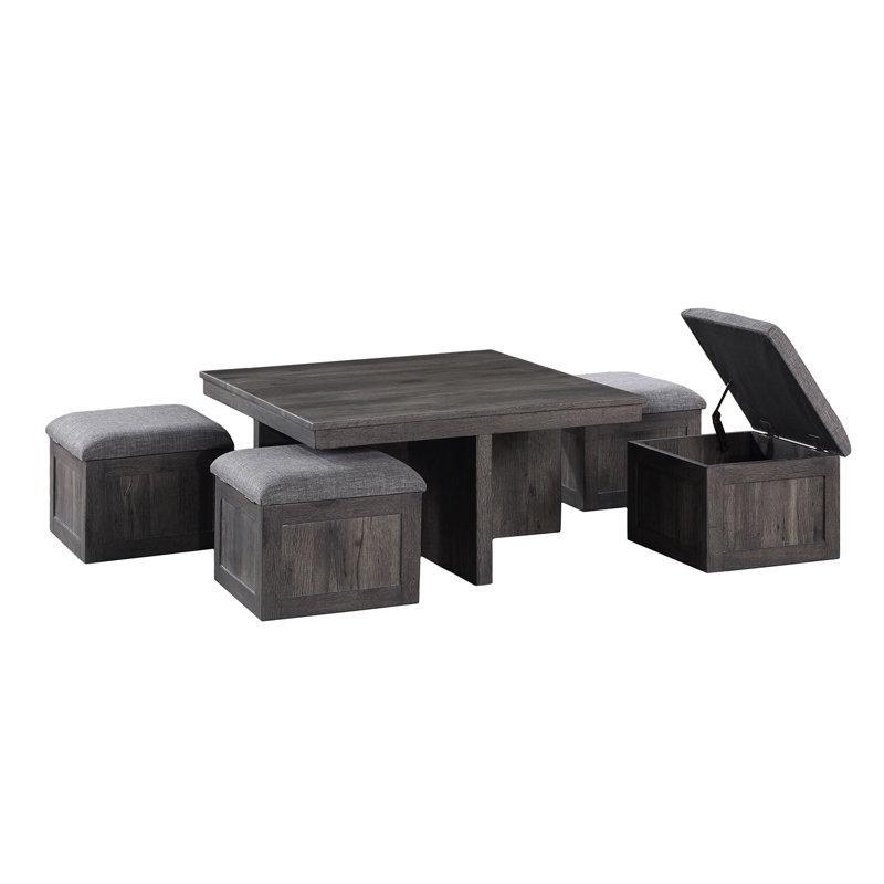 Endüstriyel Ahşap Kare Puflu Orta Sehpa 97x97 cm, 4 Adet Saklama Puflu - 104764