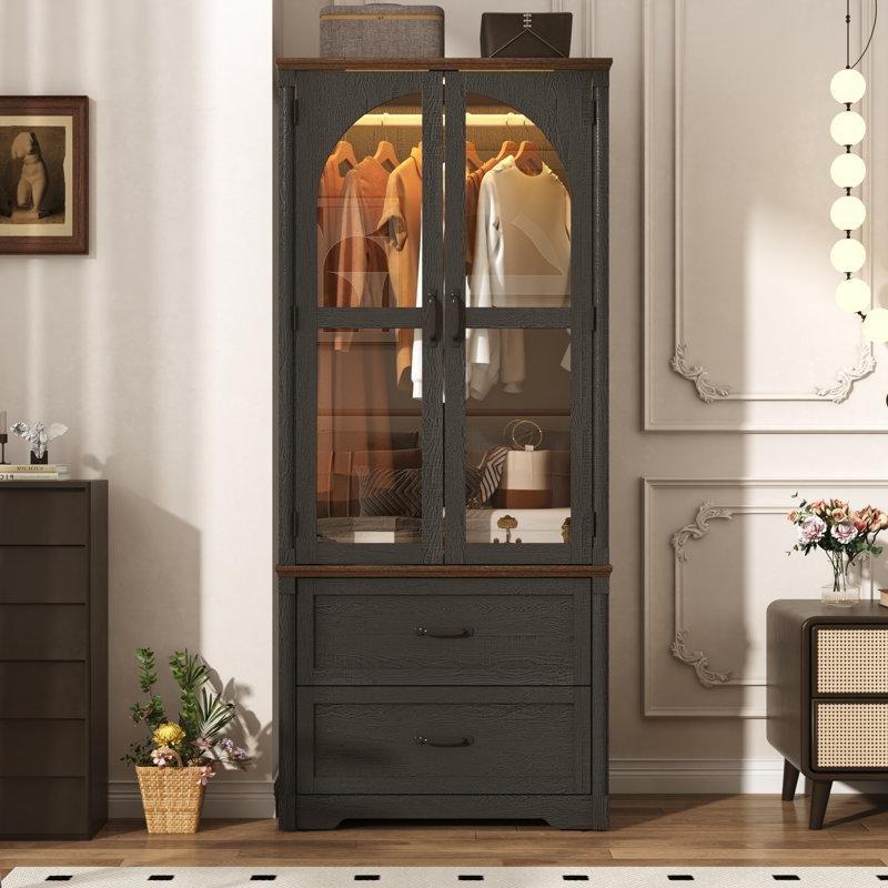 Endüstriyel Ahşap Kemerli Cam Kapılı Gardrop, LED Aydınlatmalı, 183x80x50 cm, Siyah - 90997
