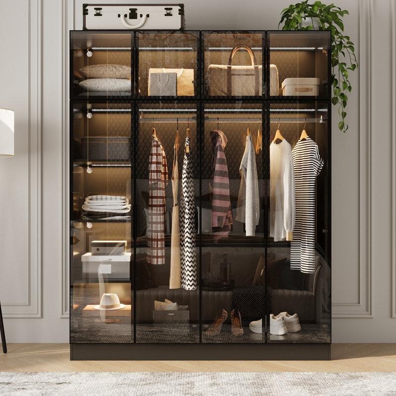 Endüstriyel Ahşap LED Işıklı Cam Kapılı 8 Kapılı Gardrop 190x300x50 cm - 91183