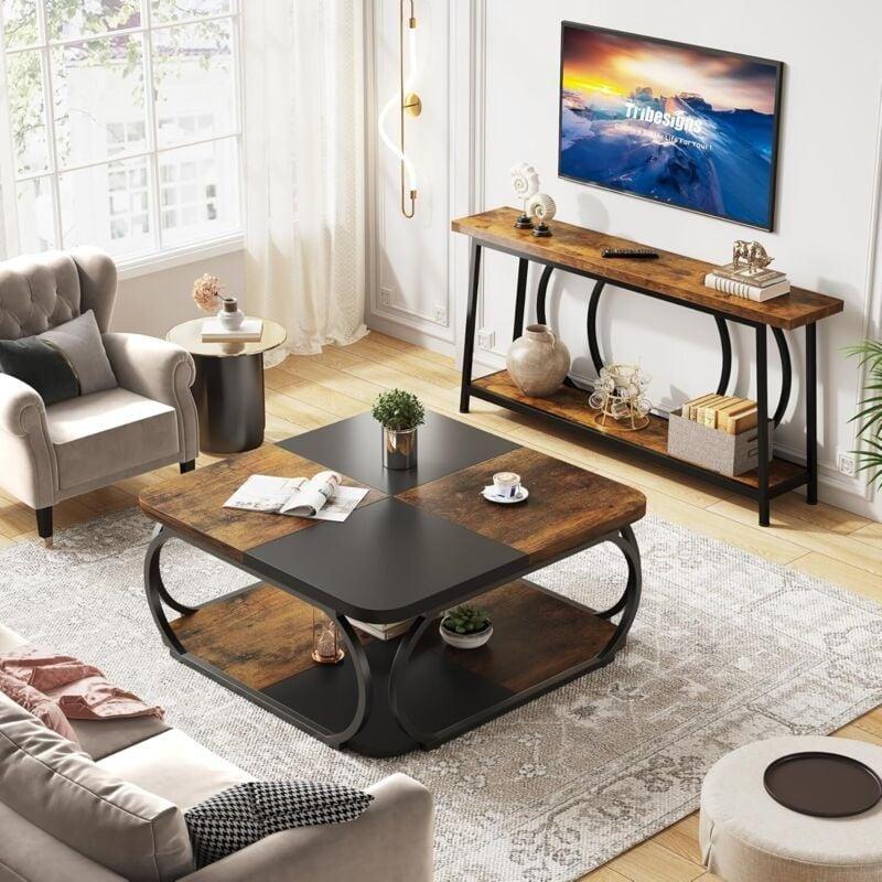 Endüstriyel Ahşap Metal Orta Sehpa 100x100x50 cm Kahverengi Siyah - 102956