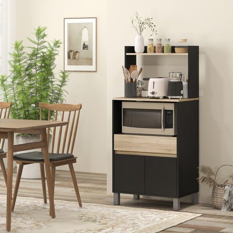 Endüstriyel Ahşap Mikrodalga Fırın Dolabı 60x40x131 cm Siyah ve Doğal Renk - 100764