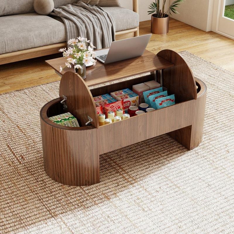 Endüstriyel Ahşap Oval Kaldırmalı Akıllı Sehpa 120 x 50 x 40 cm - 101001