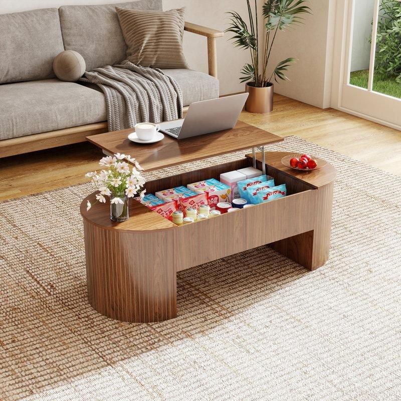 Endüstriyel Ahşap Oval Kaldırmalı Akıllı Sehpa 120 x 50 x 40 cm - 101001